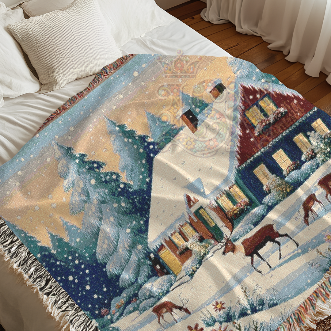 Winter’s Quiet Grace Nordic Folk Art Snowy Cabin Woven Blanket – Cozy 100% Cotton Throw