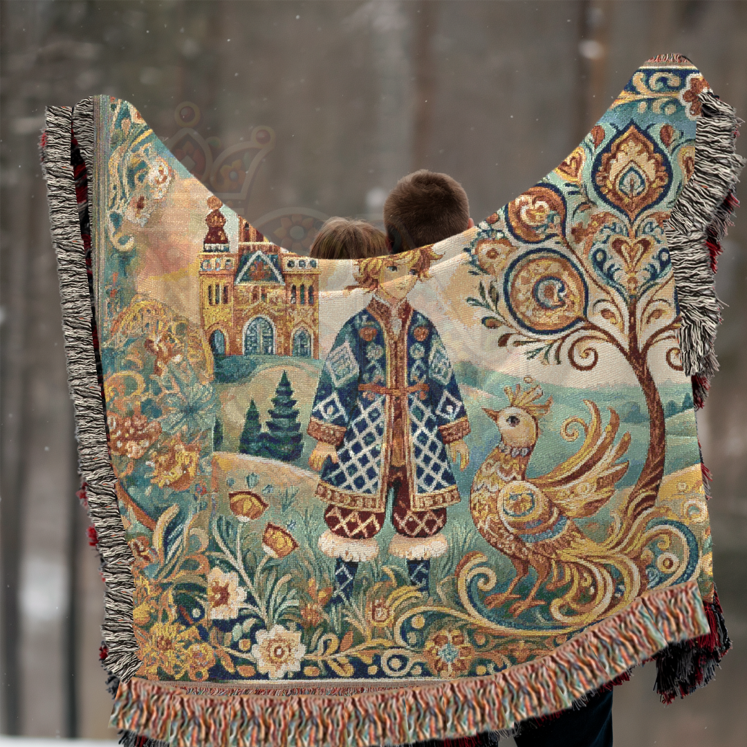 Fairy Tale Folk Art Woven Blanket – Enchanted Prince & Light Firebird, Slavic-Inspired Tapestry Throw for Cozy, Whimsical Décor