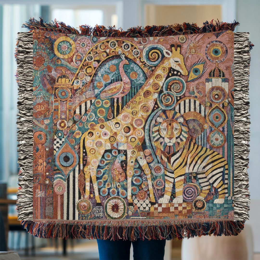Abstract Safari Animal Woven Blanket – Giraffe, Lion & Zebra Boho Tapestry, Vibrant Folk Art Wildlife Decor, Cozy Jungle-Inspired Throw