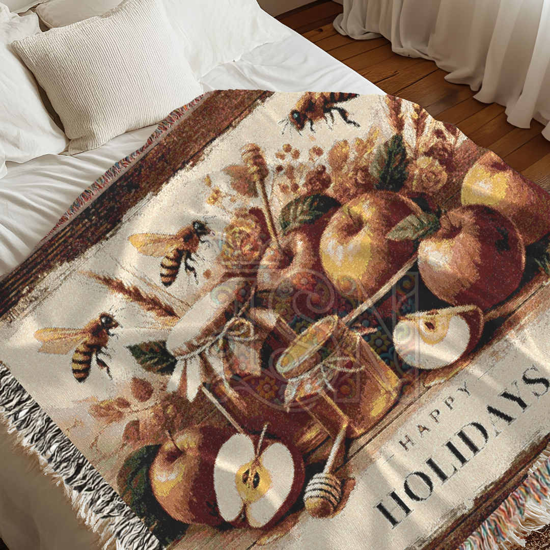 Happy Holidays Apples & Honey Folk Art Woven Blanket – Festive Seasonal Throw
