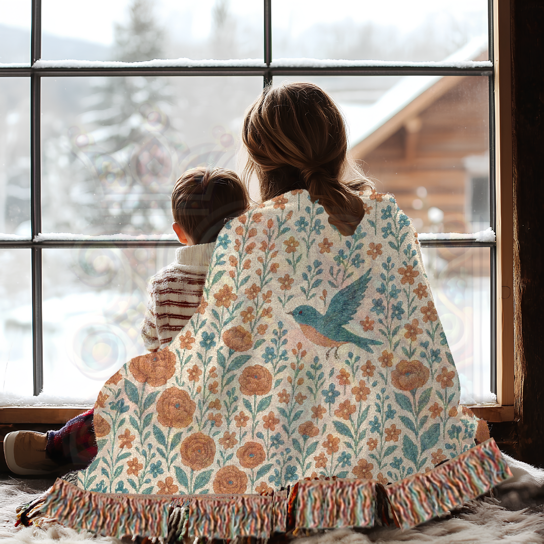 Bluebird’s Garden Woven Blanket – Fairycore Floral Throw, Cozy Nature-Inspired Nursery Decor