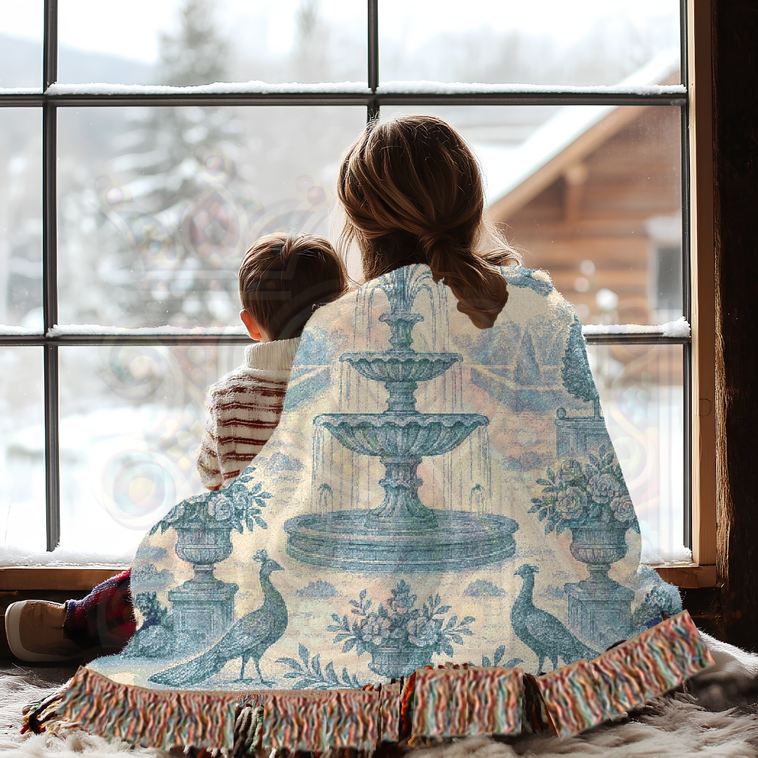 French Garden Peacock Woven Blanket – Blue Fountain Tapestry Throw for Elegant Wall Art or Sofa Décor – 100% Cotton Chateau Textile