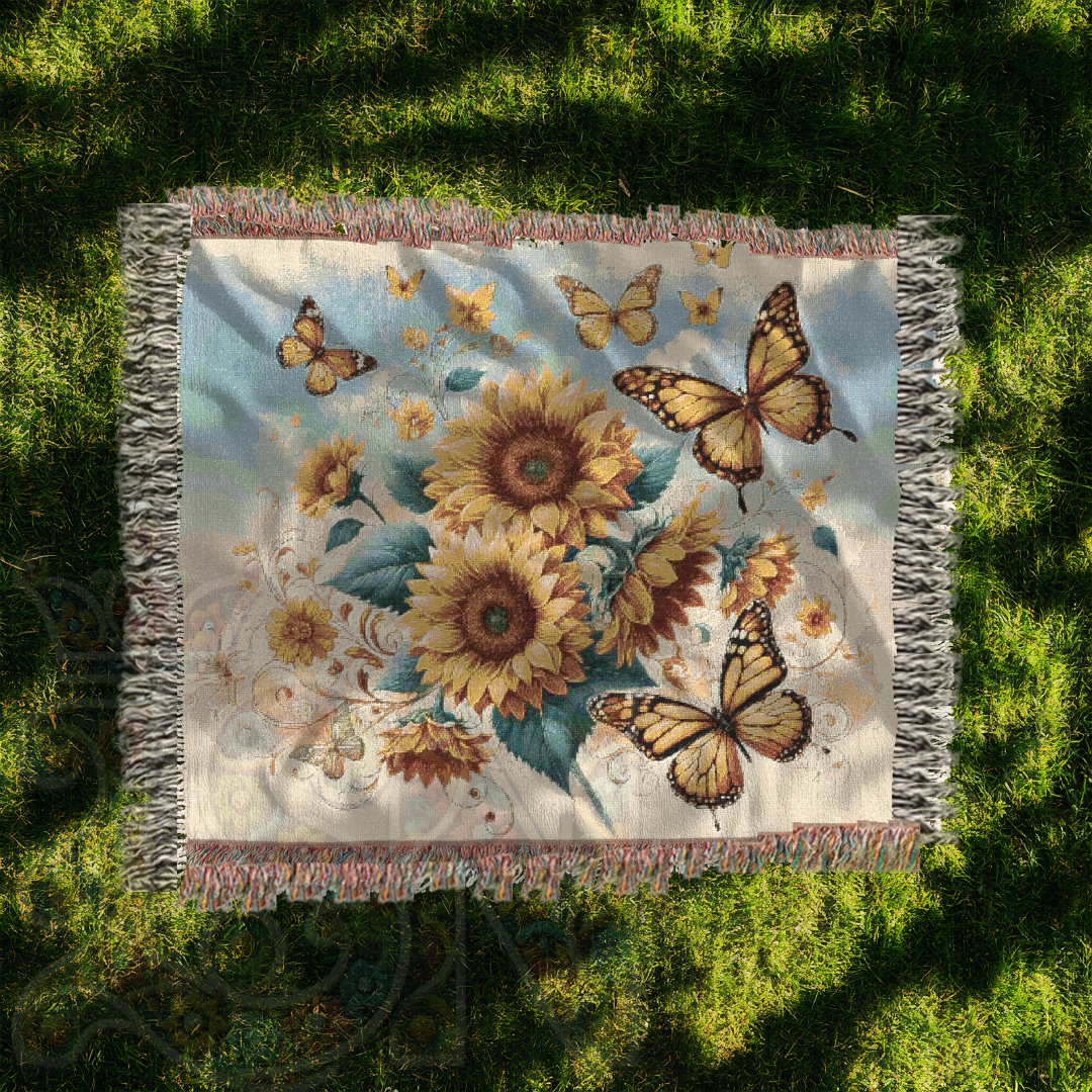 Sunflower Butterfly Woven Blanket – 100% Cotton Boho Throw 🌻 Cozy Cottagecore Tapestry, Nature-Inspired Home Decor, Rustic Farmhouse Gift
