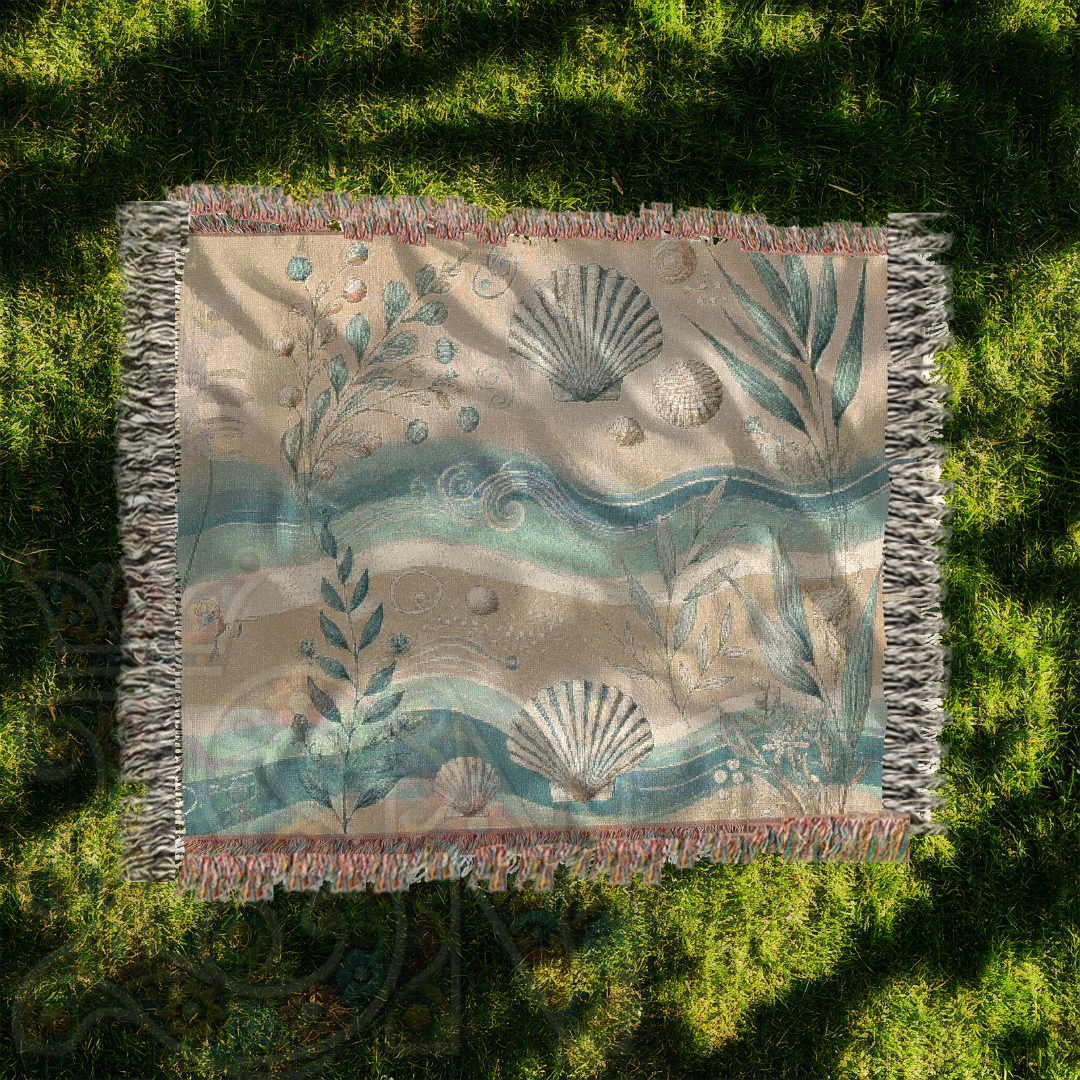 Coastal Woven Blanket – 100% Cotton Nautical Throw | Beach House Tapestry | Ocean-Inspired Shell & Seaweed Decor | Boho Coastal Gift