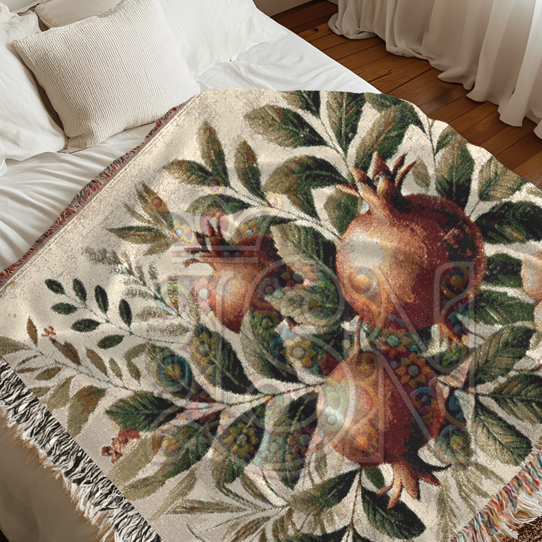 Pomegranate Blessing Woven Botanical Throw Blanket – 100% Cotton Heirloom Tapestry for Home & Gift