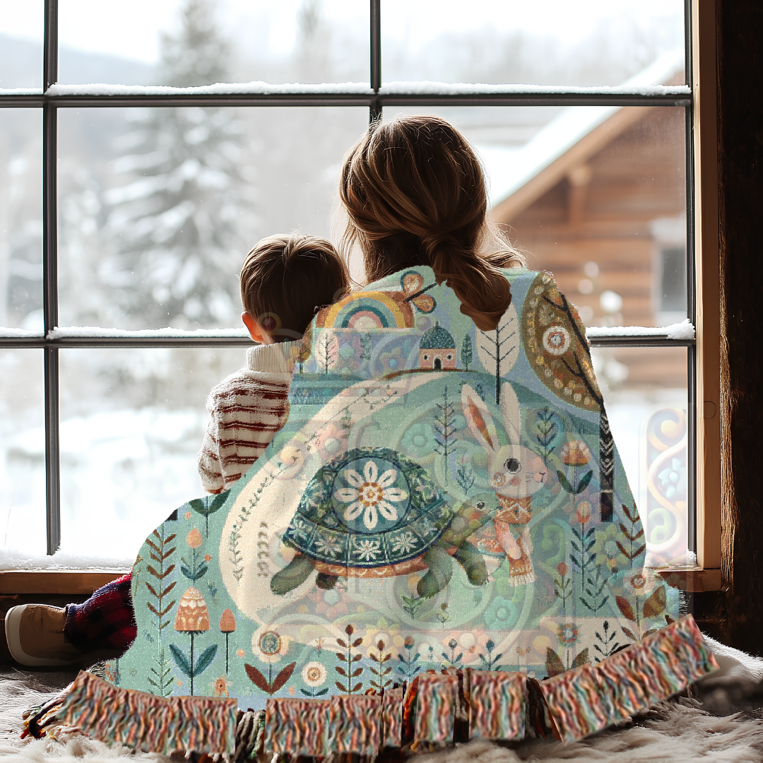 Whimsical Folk Art Woven Blanket – Tortoise & Hare Race | 100% Cotton Cozy Throw | Nursery, Cottagecore & Storybook-Inspired Décor