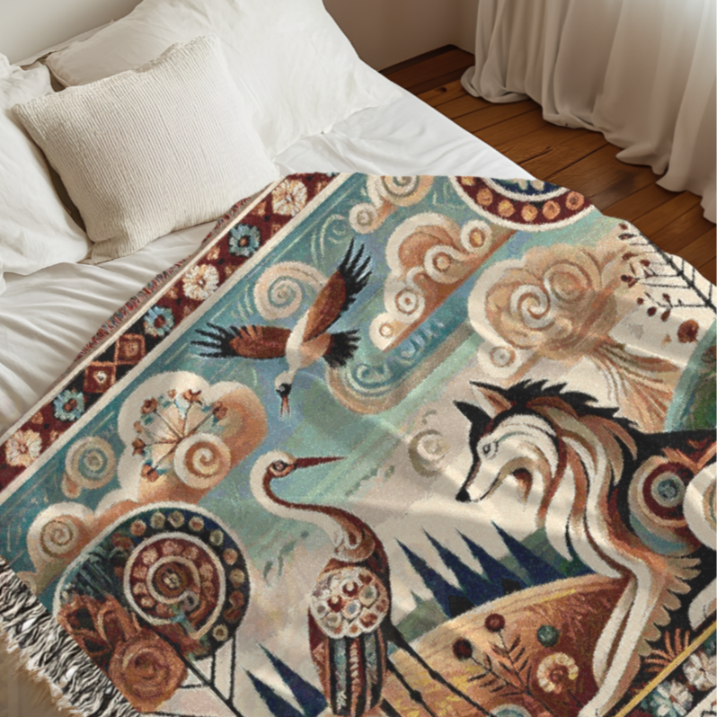 Boho Mystical Wolf & Crane Tapestry Blanket – Inspired by Aesop's Fables - Folk Art Nature Woven Throw, Whimsical Animal Decor for Dreamy Homes & Cozy Spaces