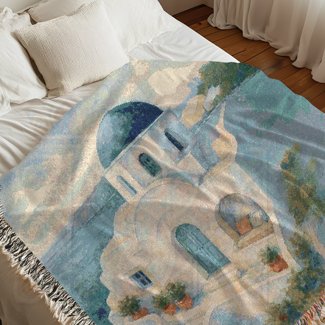 Cliffside Calm – Greek Villa Woven Blanket with Blue Dome & Coastal Landscape