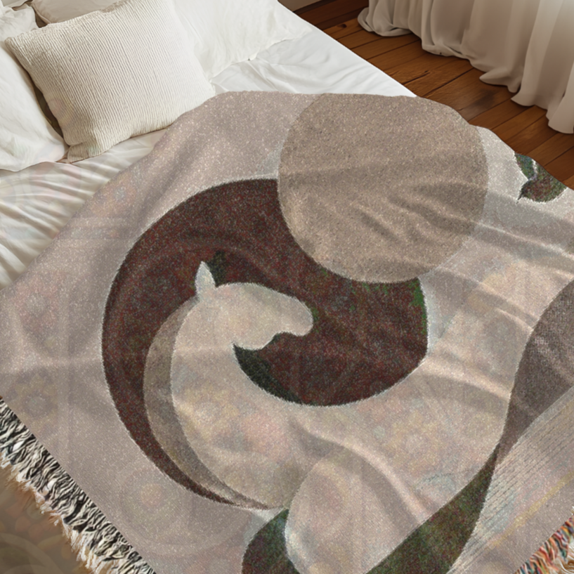 Serene Equine Minimalist Horse and Birds Woven Blanket, Earth Tone Cozy Throw, Modern Nature-Inspired Home Decor Gift