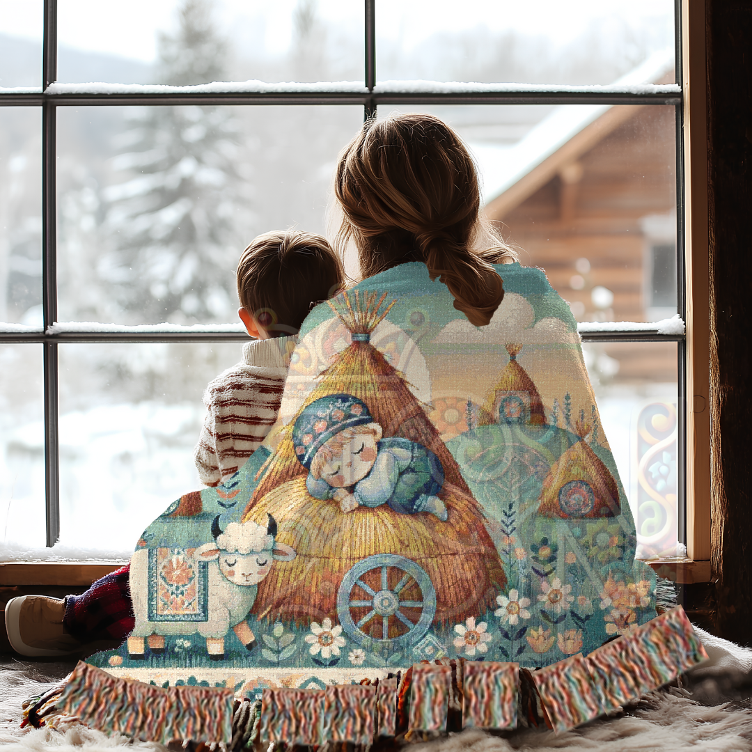 Little Boy Blue Inspired Cozy Farm Woven Blanket – 100% Cotton Tapestry Throw – Sleeping Boy & Sheep Pastoral Scene, Rustic Country Decor, Folk Art Style
