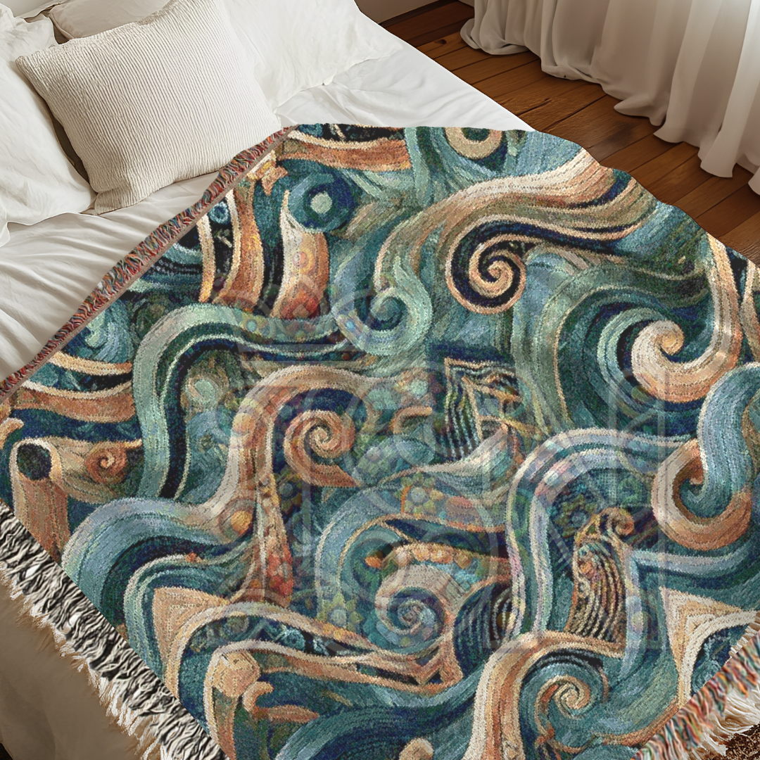 Abstract Ocean Waves Woven Throw Blanket – Tribal Inspired Cotton Tapestry