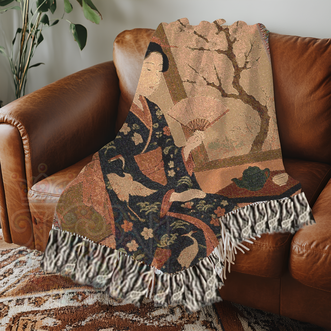 Reading by the Window Blanket – Geisha in Spring Woven Blanket – Japanese-Inspired Tapestry Throw with Cherry Blossoms
