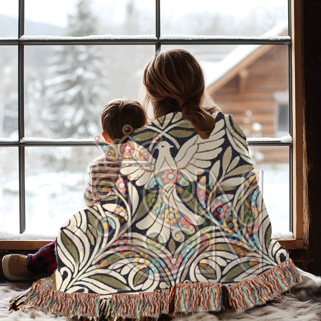 Graceful Flight Folk Art Dove Woven Blanket – Majestic Peace Symbol Throw with Ornate Nature Design