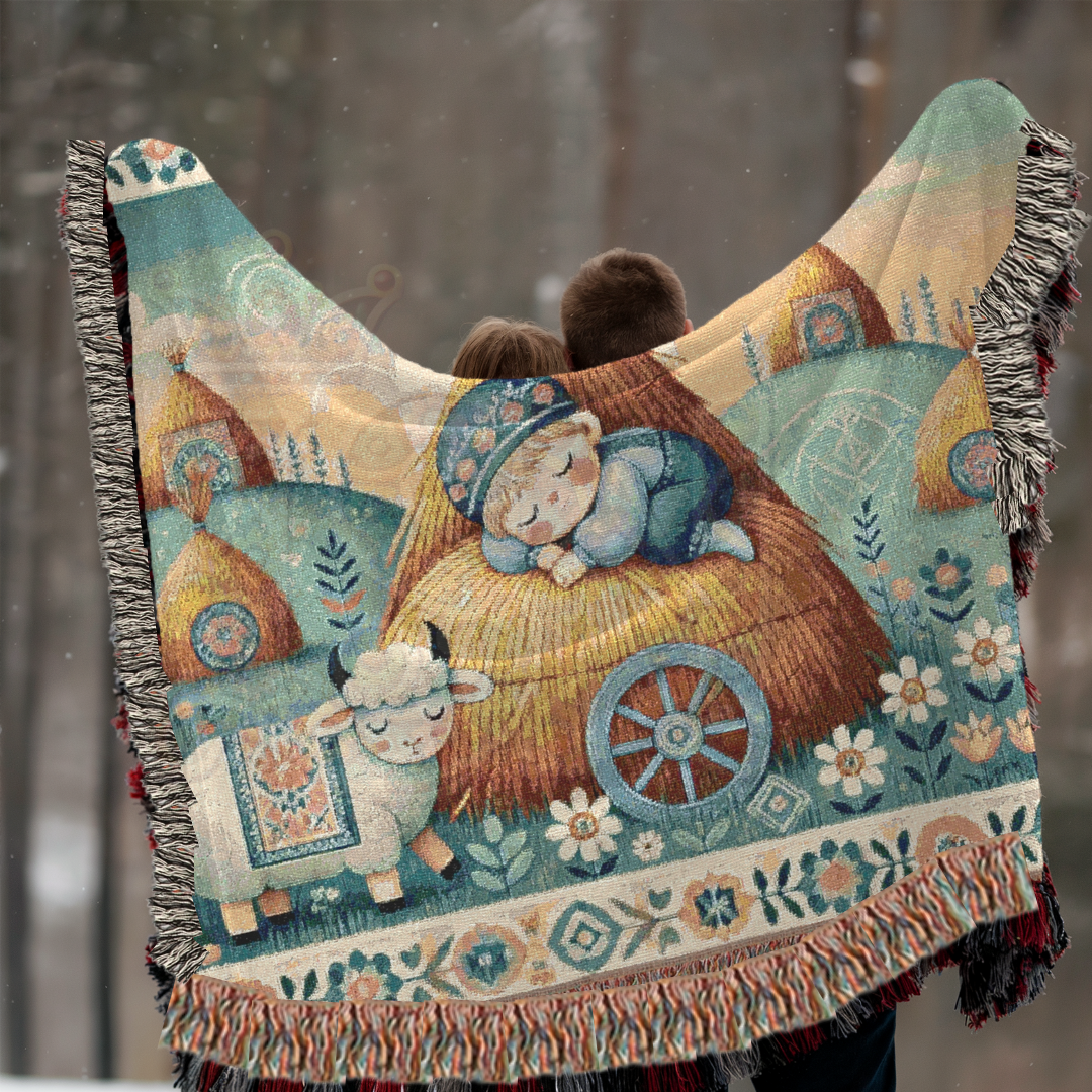 Little Boy Blue Inspired Cozy Farm Woven Blanket – 100% Cotton Tapestry Throw – Sleeping Boy & Sheep Pastoral Scene, Rustic Country Decor, Folk Art Style
