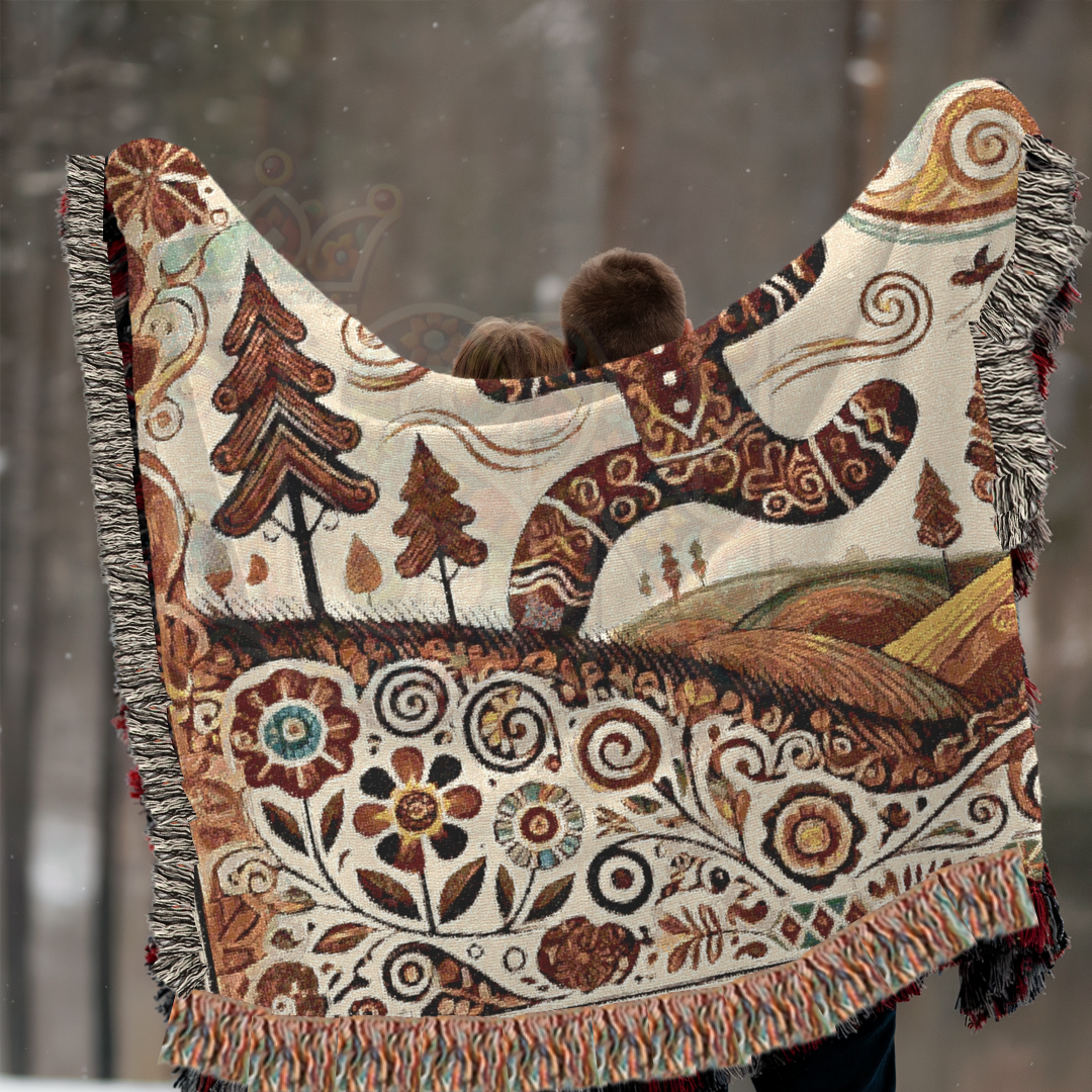 Whimsical Gingerbread Village Woven Blanket – Cozy Folk Art