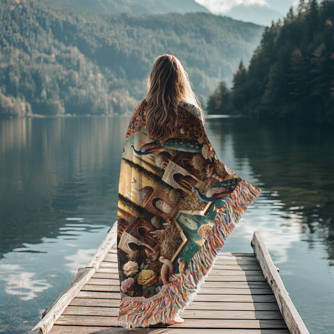 Birds of Persia Woven Blanket, 100% Cotton Throw, Elegant Persian Garden Art, Peacock Tapestry, Luxurious Home Decor & Boho Accent
