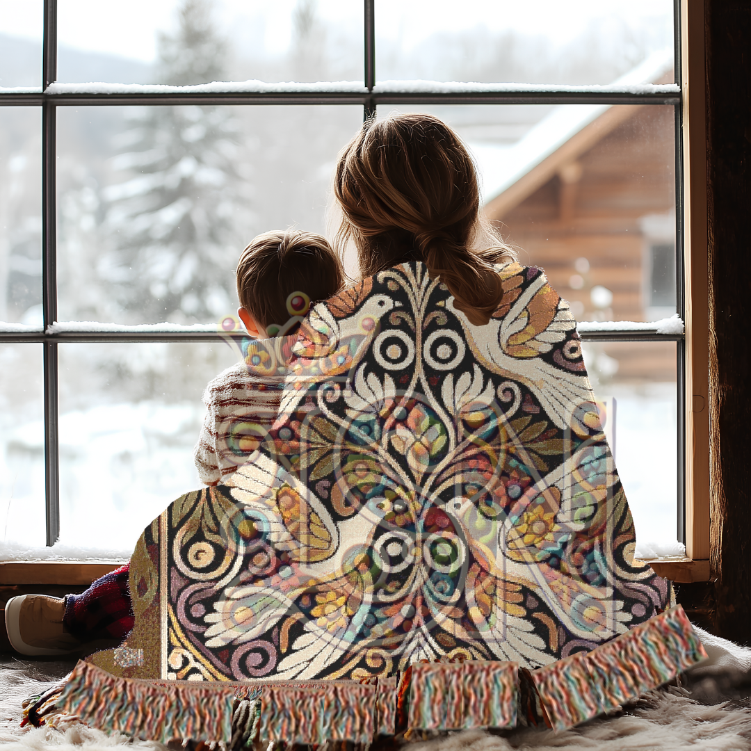 Four Doves Harmony Folk Art Woven Blanket – Peaceful Unity Throw with Ornamental Floral Design
