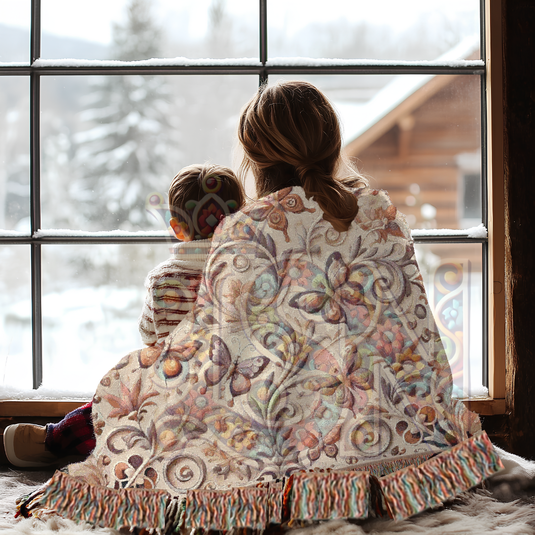 Whispers of Wings Butterfly Garden Woven Blanket – Elegant Folk Art Throw with Butterflies & Floral Motifs for Home & Gift