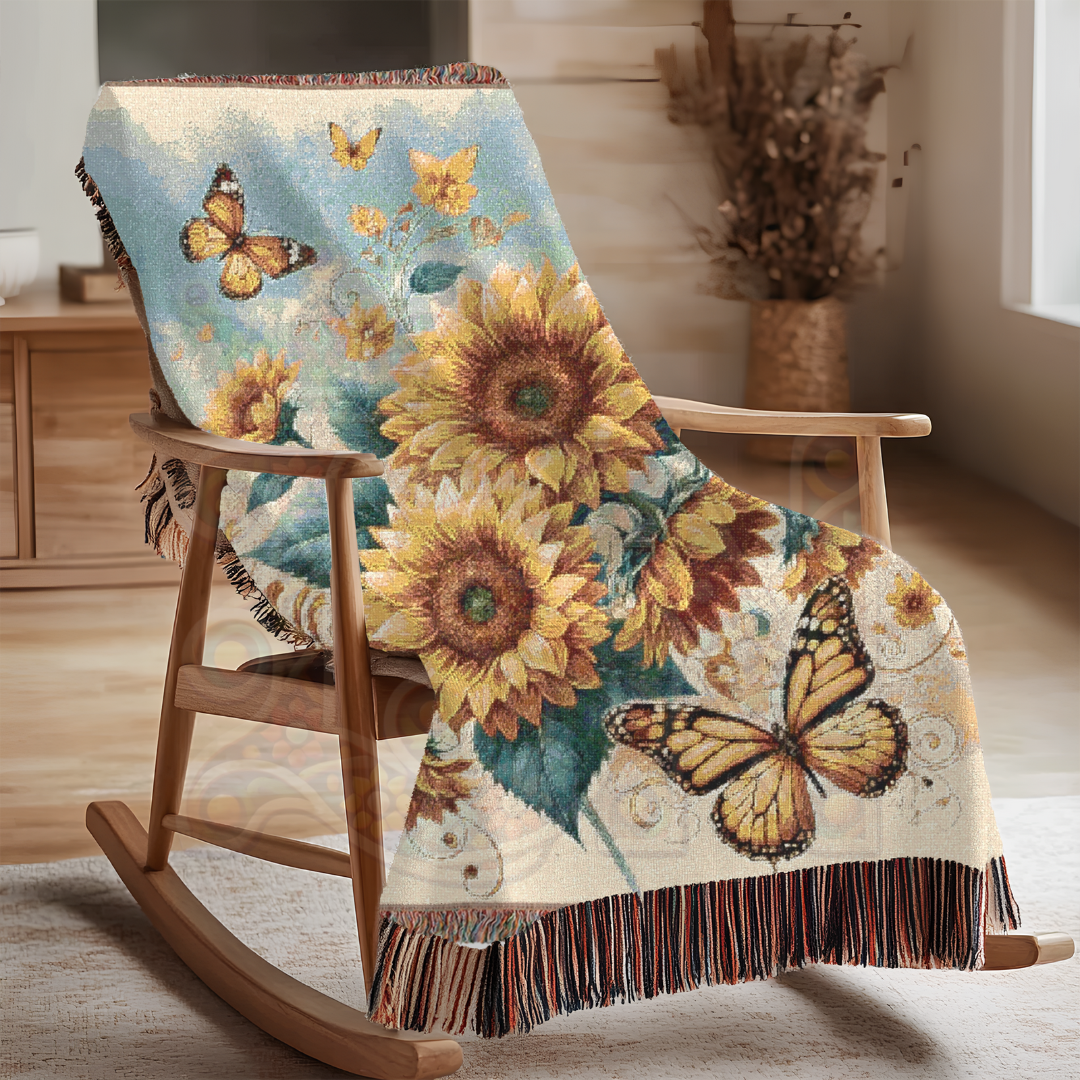 Sunflower Butterfly Woven Blanket – 100% Cotton Boho Throw 🌻 Cozy Cottagecore Tapestry, Nature-Inspired Home Decor, Rustic Farmhouse Gift