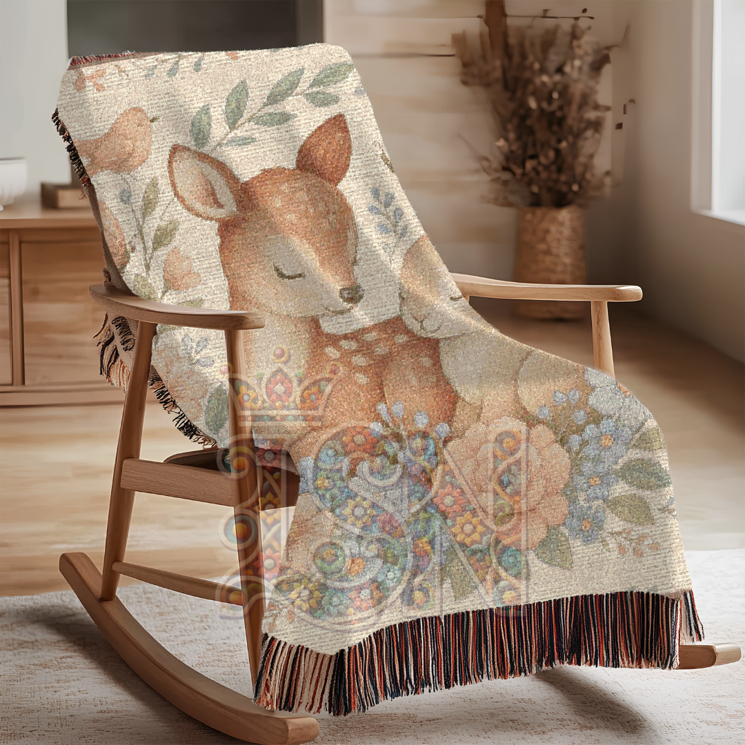 Tender Friends Nursery Gentle Deer & Bunny Floral Woven Blanket – Cozy 100% Cotton Baby Throw
