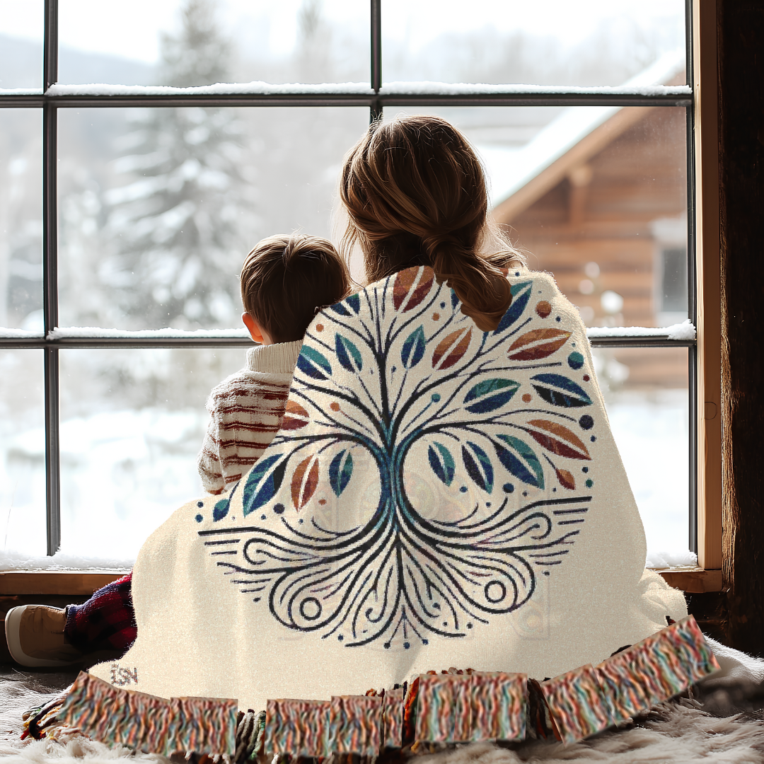 Tree of Life Woven Throw Blanket – Nature-Inspired Cotton Tapestry in Blue & Rust