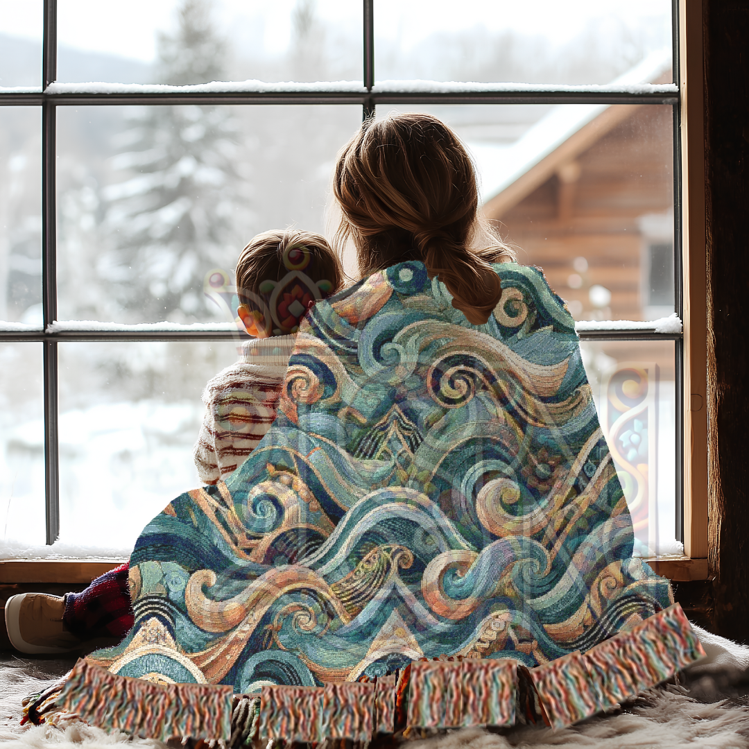 Abstract Ocean Waves Woven Throw Blanket – Tribal Inspired Cotton Tapestry