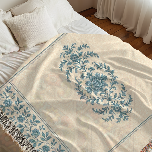 French Medallion Woven Blanket – Elegant Blue Floral Panel Throw or Tapestry in Cotton – Classic Cottagecore French Country Home Decor