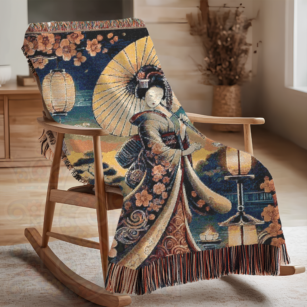 Japanese Folk Art Geisha Woman Serenity Tapestry Blanket – Elegant Japanese Art, Cherry Blossoms & Lantern Glow – Cozy & Decorative Throw