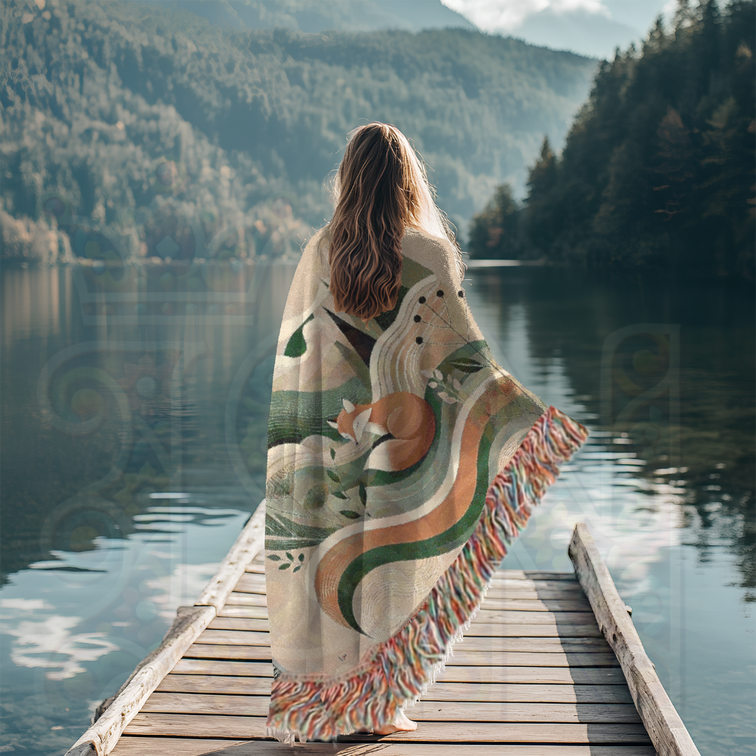 Fox Woven Blanket - 100% Cotton Nature Throw, Cozy Woodland Decor, Boho Tapestry, Minimalist Forest Aesthetic, Unique Art Gift