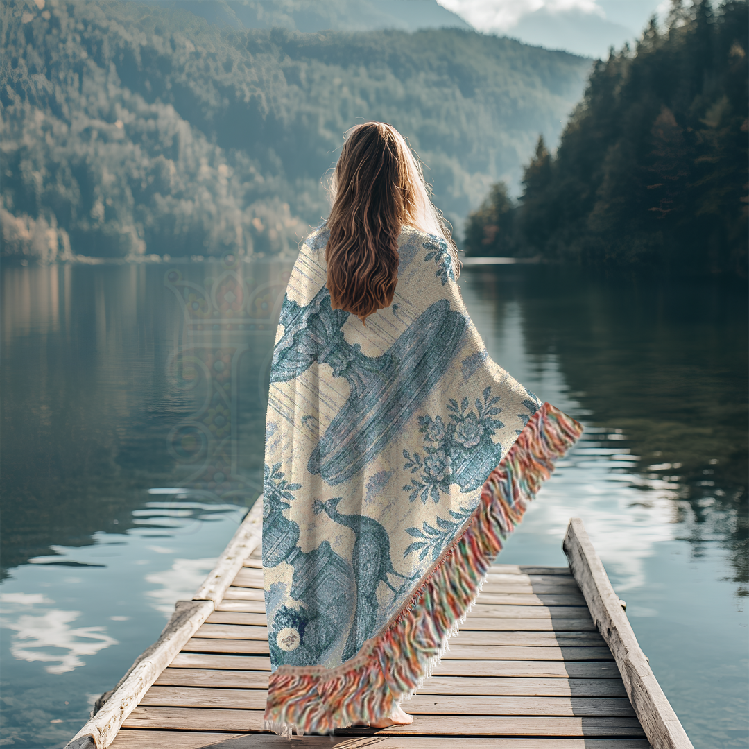 French Garden Peacock Woven Blanket – Blue Fountain Tapestry Throw for Elegant Wall Art or Sofa Décor – 100% Cotton Chateau Textile