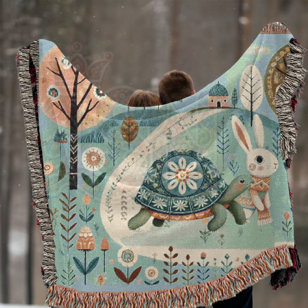 Whimsical Folk Art Woven Blanket – Tortoise & Hare Race | 100% Cotton Cozy Throw | Nursery, Cottagecore & Storybook-Inspired Décor