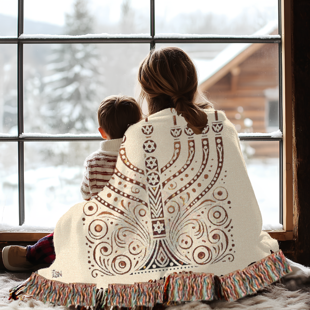 Radiant Menorah Folk Art Woven Blanket – Hanukkah Symbol of Light & Tradition Throw