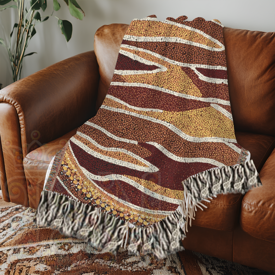 Australian Art-Inspired Woven Blanket – Earthy Tribal Tapestry with Nature Motifs