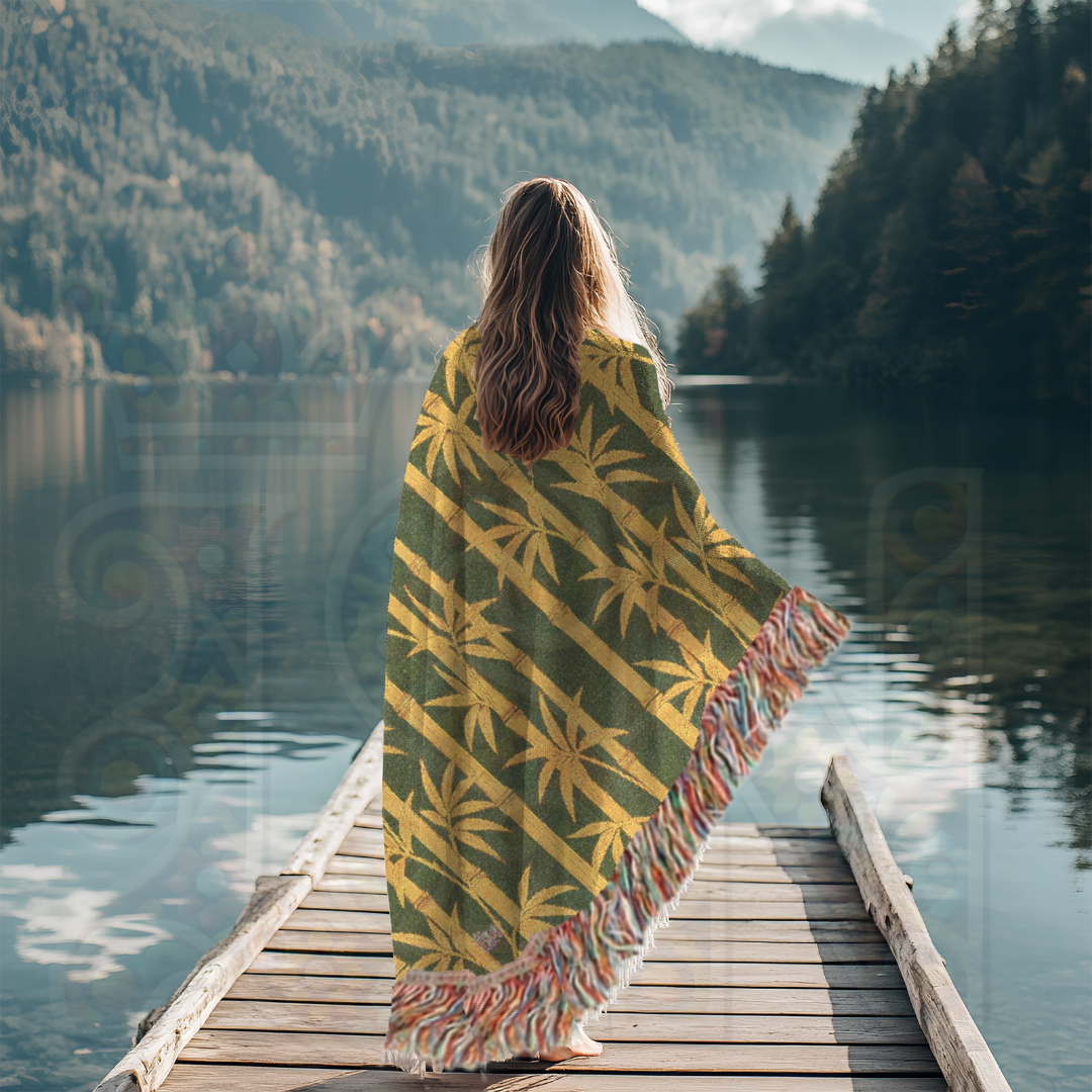 Golden Grove – Earth-Toned Bamboo Woven Throw Blanket in Gold and Green