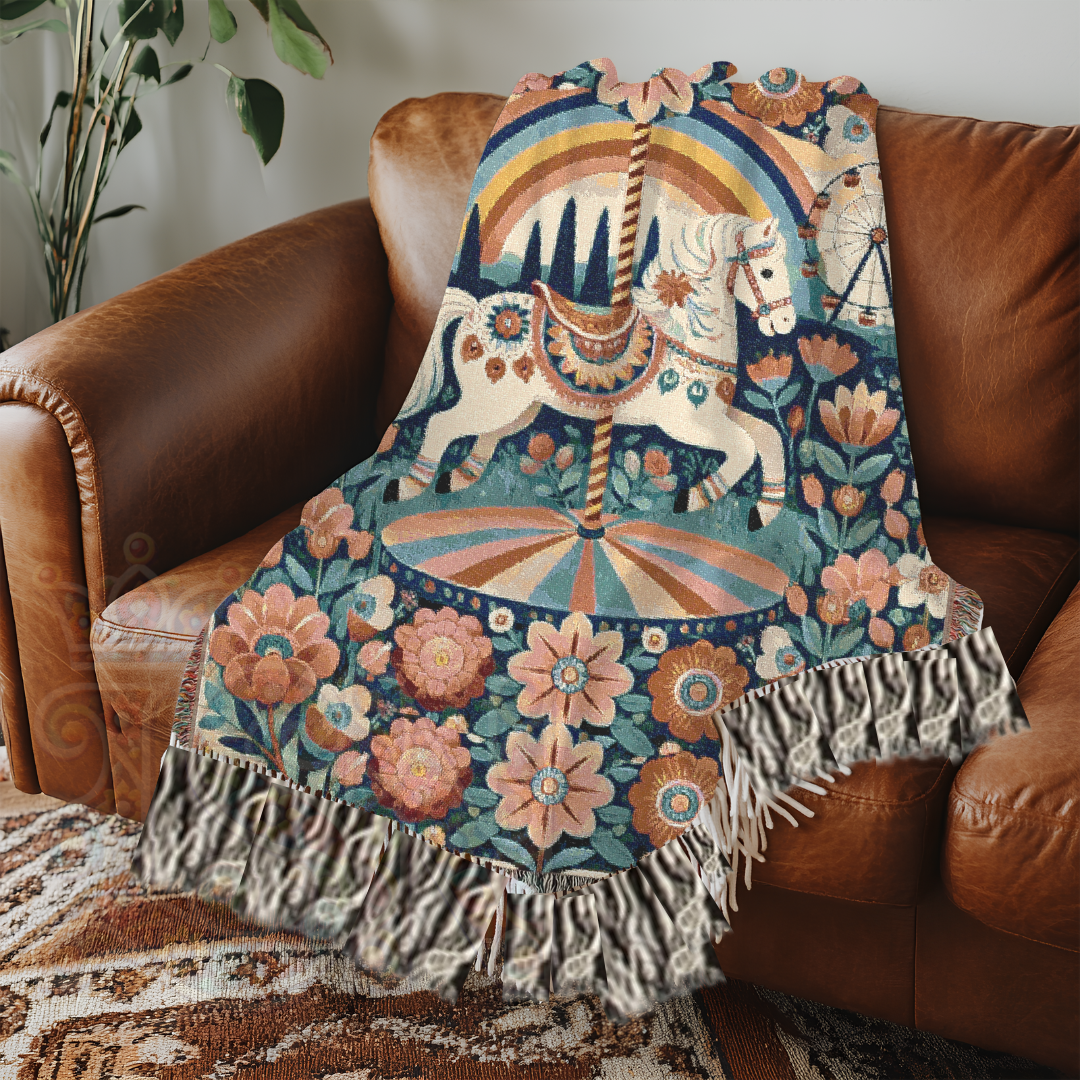 The Midnight Carousel – Folk Art Woven Throw Blanket with Carnival Horse and Florals