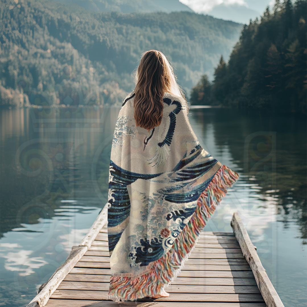 Japanese Wave & Crane Woven Blanket – 100% Cotton Tapestry Elegant Ocean Throw, Traditional Art Home Decor, Ukiyo-e Inspired Gift