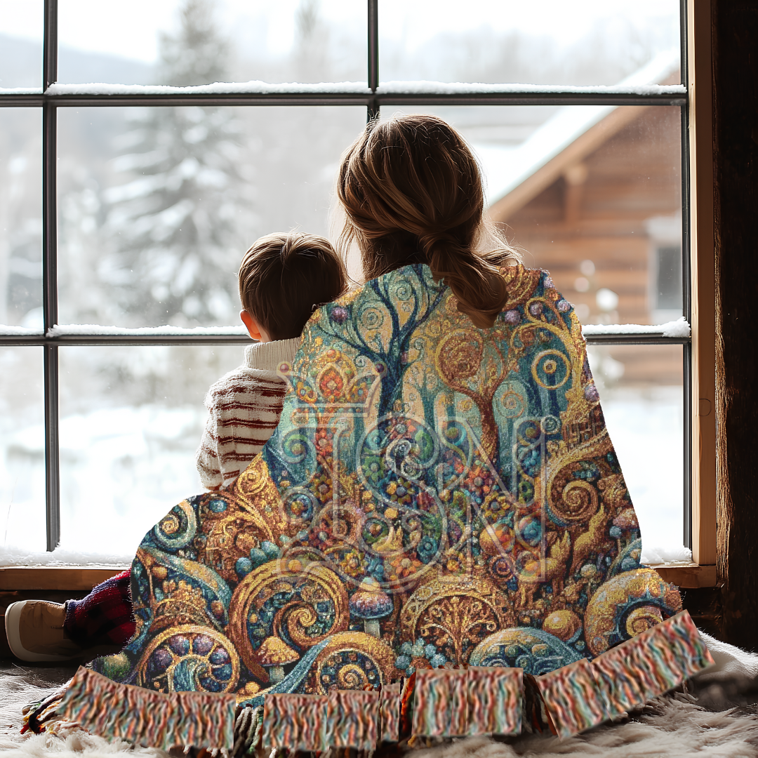 Whimsical Golden Trees – Folk Art Woodland Woven Throw Blanket
