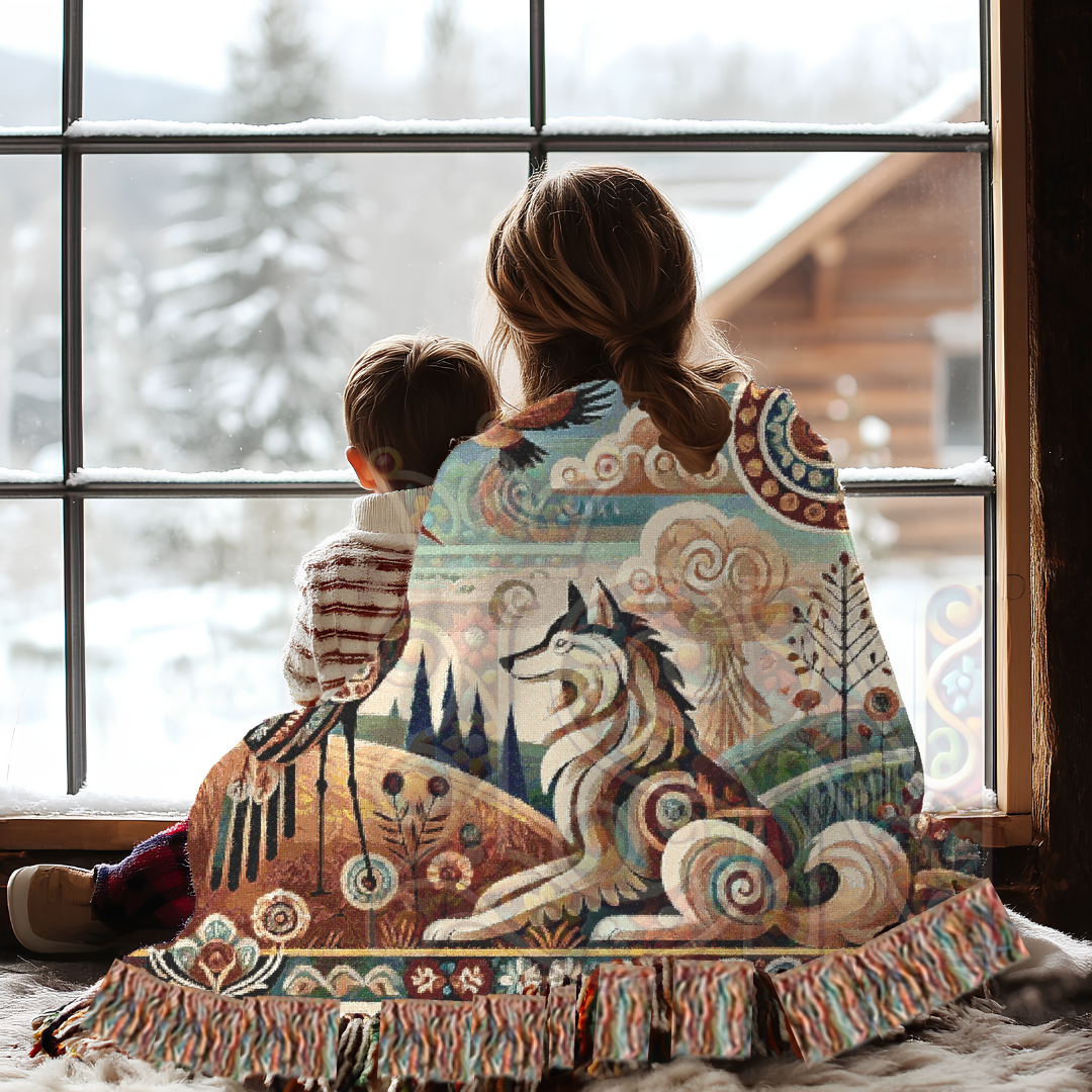 Boho Mystical Wolf & Crane Tapestry Blanket – Inspired by Aesop's Fables - Folk Art Nature Woven Throw, Whimsical Animal Decor for Dreamy Homes & Cozy Spaces