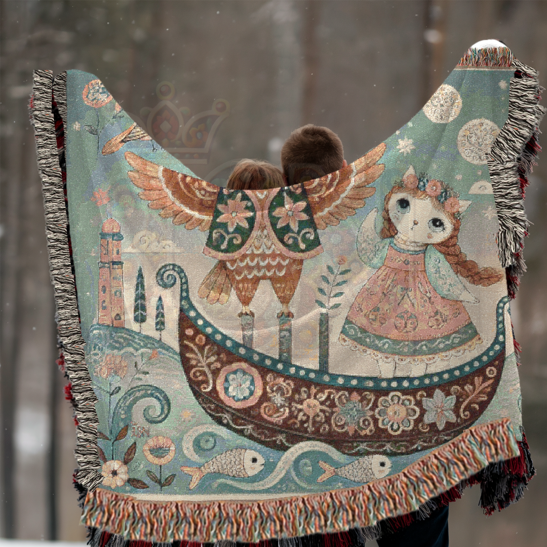 Owl & Pussycat Folk Art Woven Blanket, 100% Cotton Tapestry – Whimsical Storybook Throw, Boho Light Cottagecore Decor, Unique Gift for Dreamers