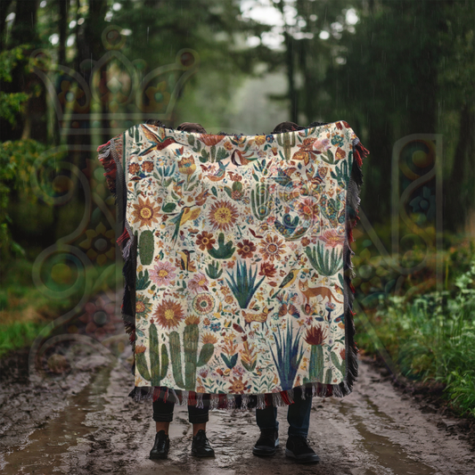Desert Blooms & Songbirds Mexican Folk Art Woven Blanket – Colorful 100% Cotton Cozy Throw