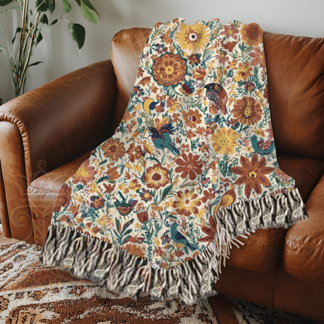 Botanical Garden Woven Blanket, 100% Cotton Tapestry Throw with Vintage Floral & Bird Pattern, Nature-Inspired Home Decor