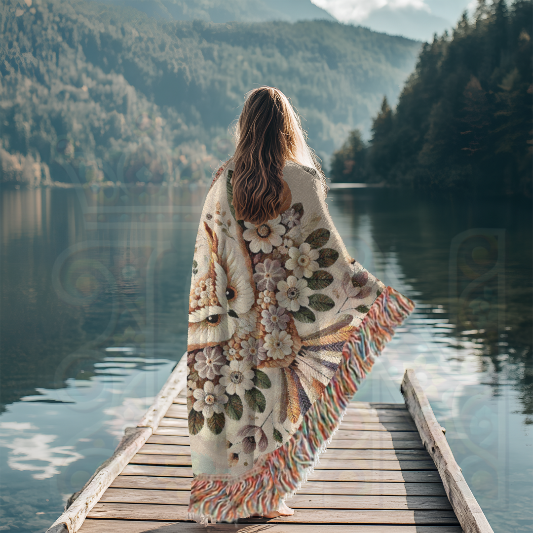 Floral Owl Woven Blanket – Cottagecore Boho Throw, 100% Cotton, Nature-Inspired Home Decor, Cozy Gift for Bird Lovers
