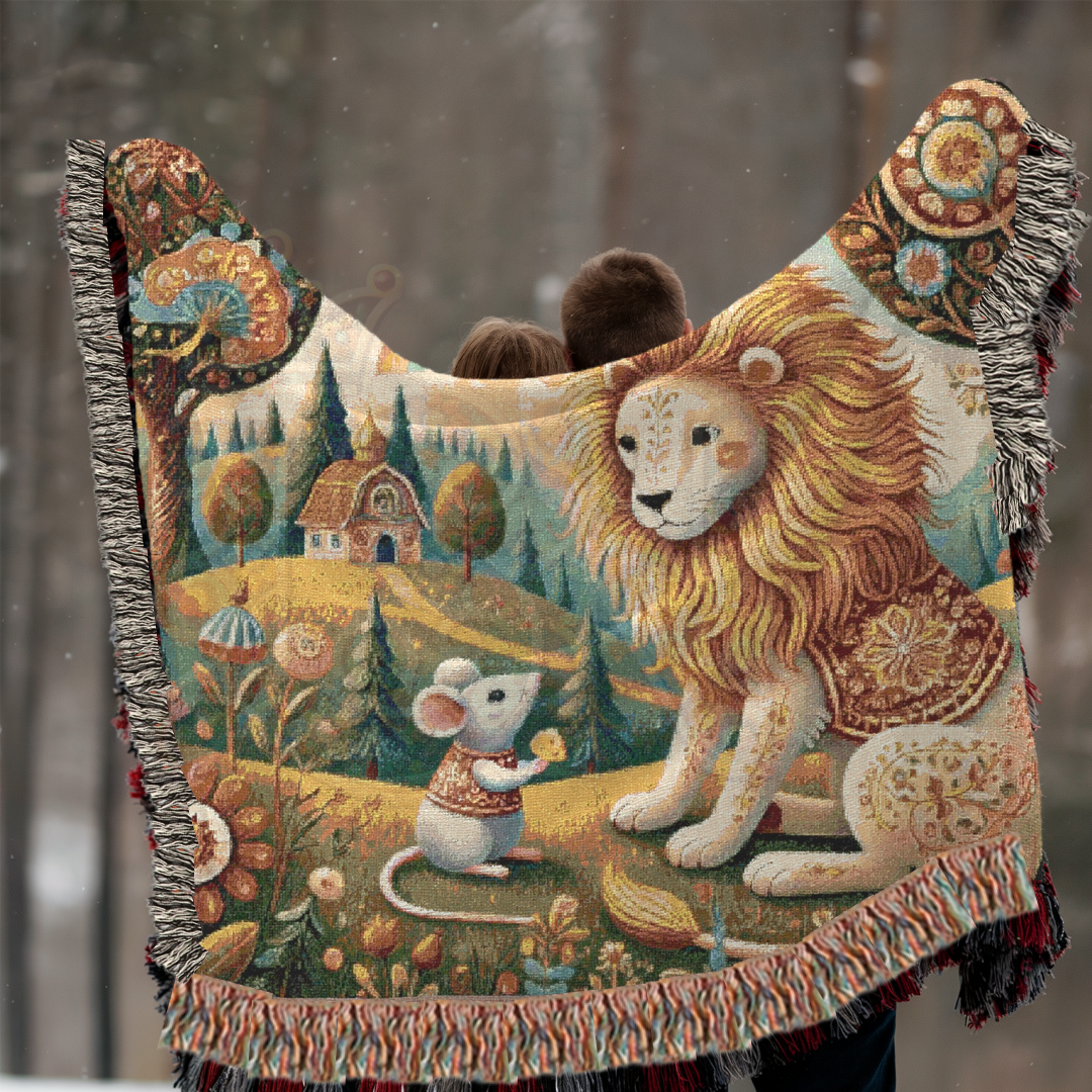 Enchanted Folk Art Woven Blanket – Storybook Lion & Mouse Tapestry | Cozy 100% Cotton Boho Woodland Throw, Nursery & Home Decor