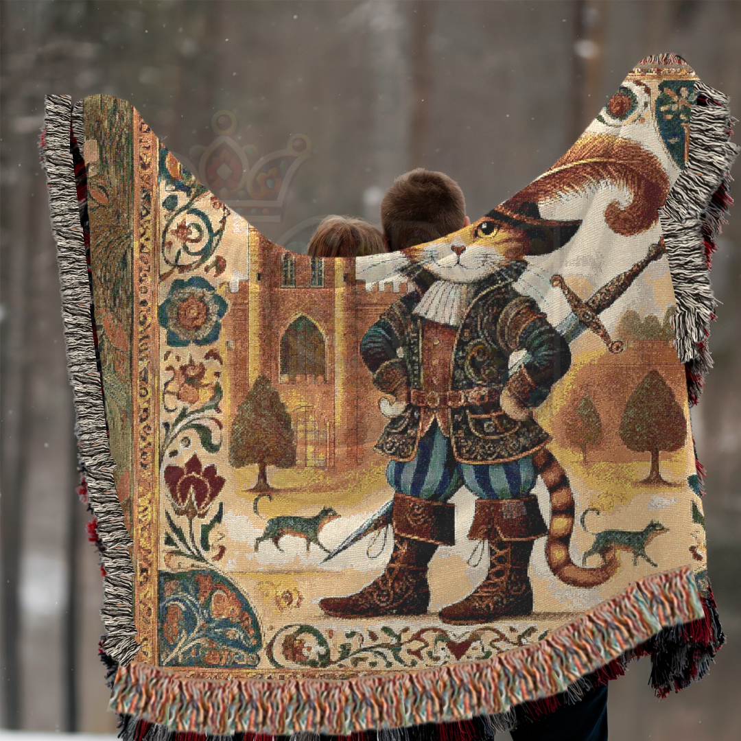 Puss in Boots Woven Blanket - 100% Cotton Tapestry Throw, Fairy Tale Cat Decor, Medieval Castle Art, Whimsical Vintage Gift