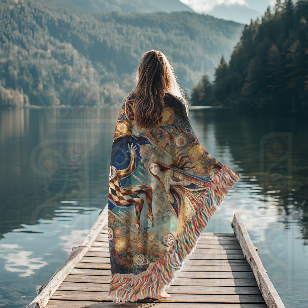 Enchanting Harlequin & Maiden Woven Blanket – 100% Cotton, Fantasy Tapestry, Bohemian Home Decor, Gothic Art Throw, Unique Gift