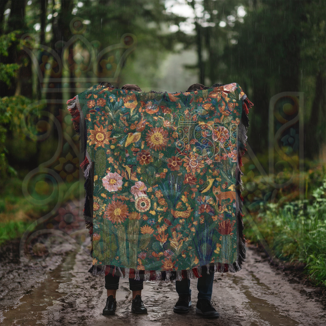 Vibrant Mexican Folk Art Woven Blanket in Green | Cacti, Birds, and Flowers Design