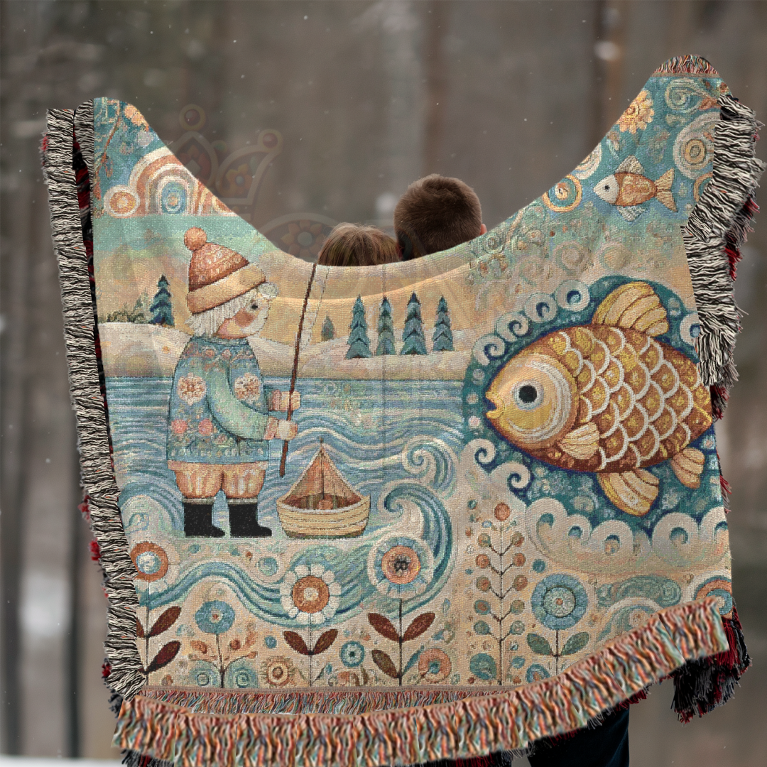 Golden Fish & Little Fisherman Woven Blanket, Folk Art Fairytale Light Tapestry – 100% Cotton Cozy Throw