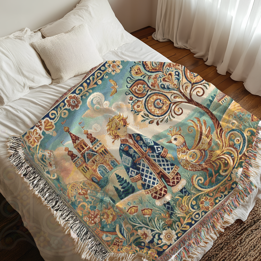 Fairy Tale Folk Art Woven Blanket – Enchanted Prince & Light Firebird, Slavic-Inspired Tapestry Throw for Cozy, Whimsical Décor