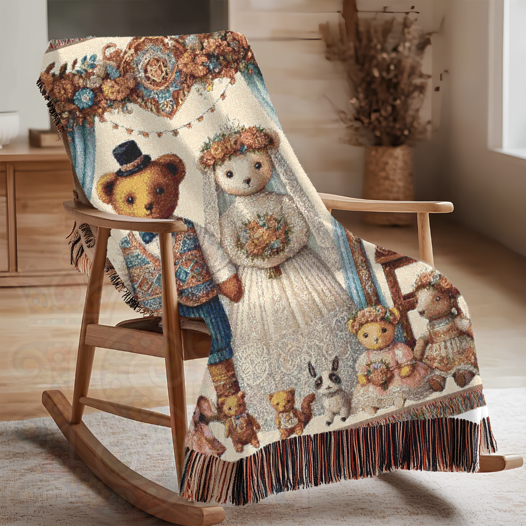 Teddy Bear Wedding Woven Blanket – 100% Cotton Vintage-Inspired Throw for Nursery, Wedding Gift, & Cozy Home Decor | Heirloom Tapestry for Storybook Lovers