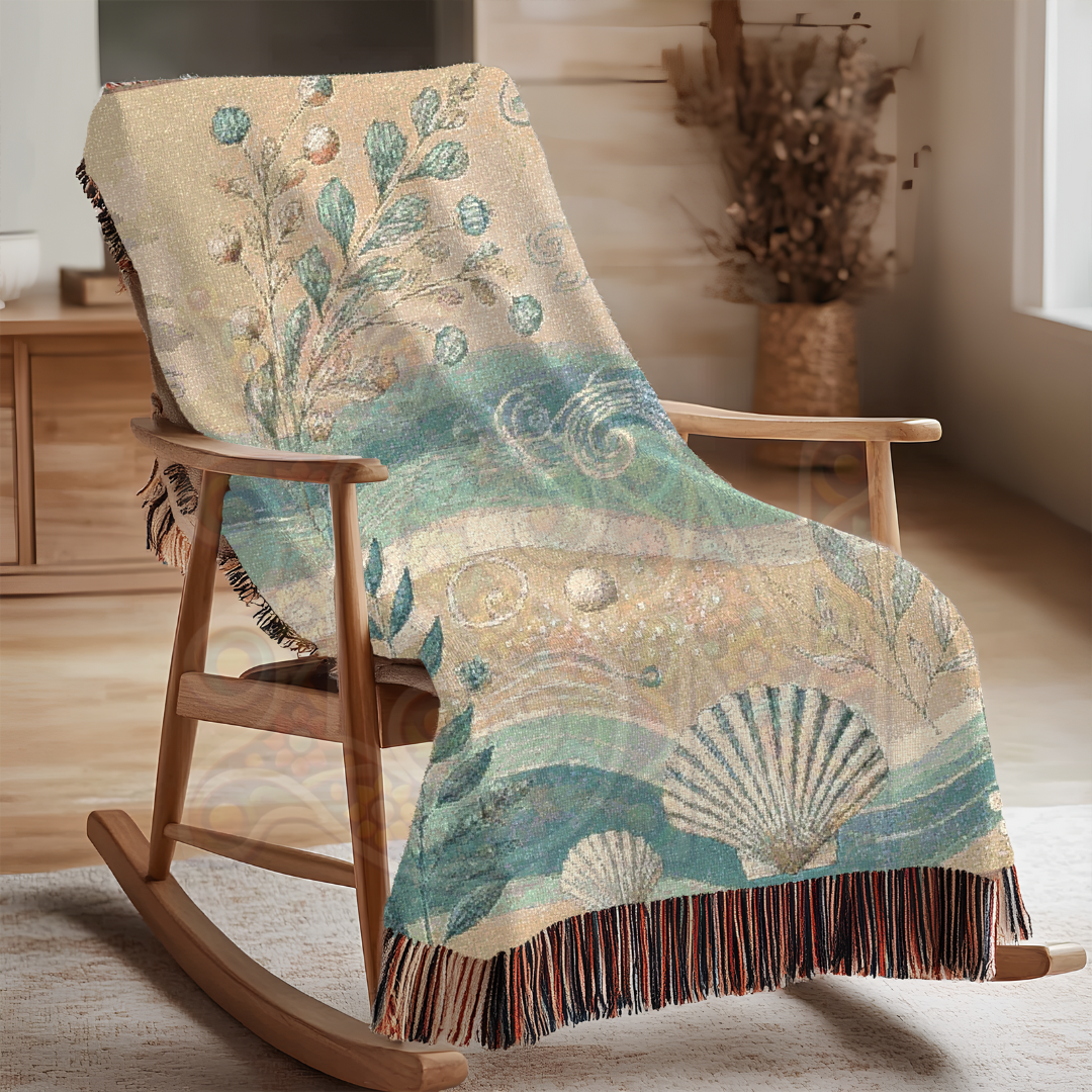 Coastal Woven Blanket – 100% Cotton Nautical Throw | Beach House Tapestry | Ocean-Inspired Shell & Seaweed Decor | Boho Coastal Gift